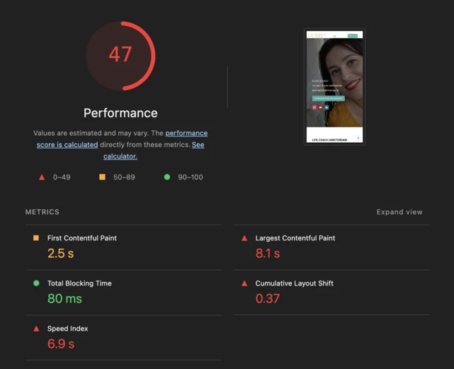 Poor Score Website performance example